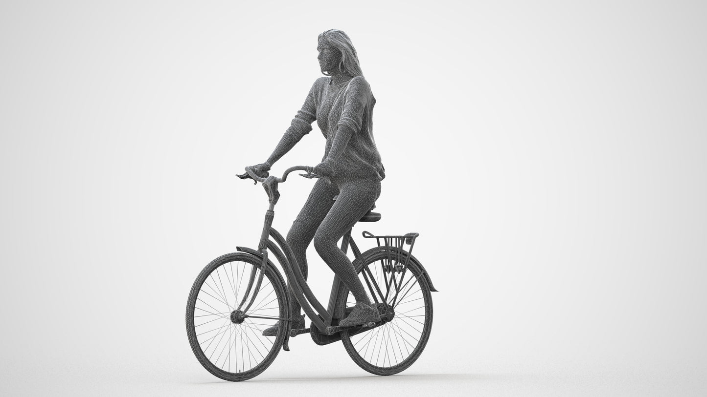 realistic 3D woman casual cycling, scanned archviz people for Blender and 3ds Max, square thumbnail