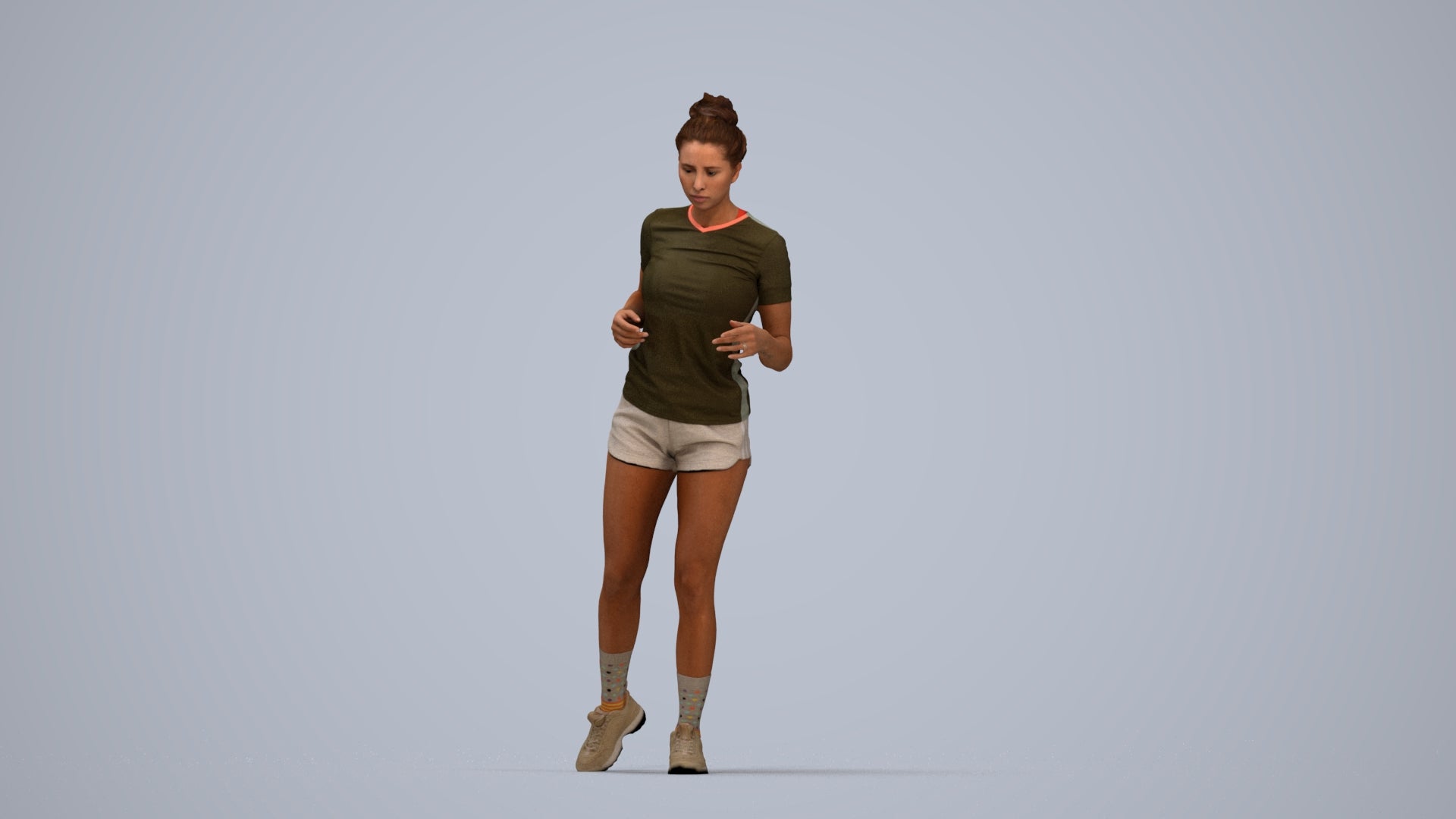 3D people model woman sport, scanned human for 3ds Max rendering, top-down view render