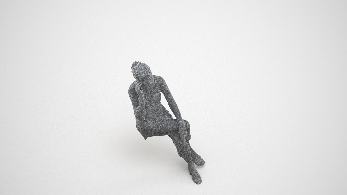 realistic 3D people senior woman casual sitting, render-ready for V-Ray and Corona, FBX OBJ, wireframe three-quarter view
