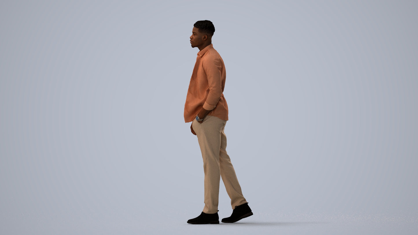 3D scanned man walking casual, photorealistic archviz people for Enscape and SketchUp, three-quarter view render