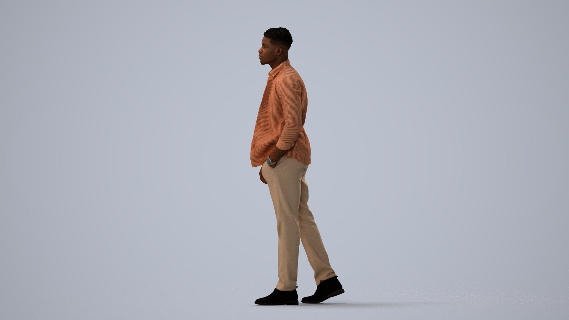 3D scanned man walking casual, photorealistic archviz people for Enscape and SketchUp, three-quarter view render