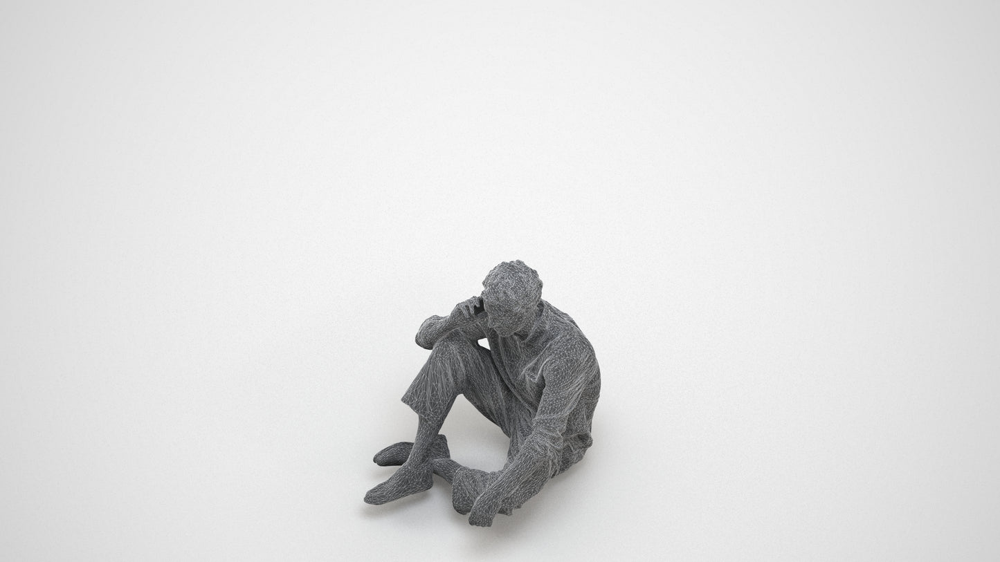 realistic 3D people man casual sitting, render-ready for V-Ray and Corona, FBX OBJ, wireframe three-quarter view