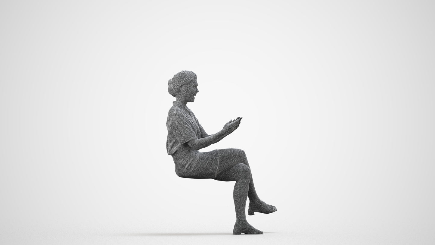 3D scanned woman sitting casual, photorealistic archviz people for Enscape and SketchUp, wireframe side view