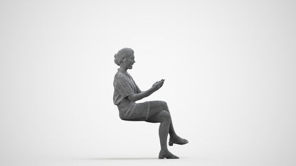3D scanned woman sitting casual, photorealistic archviz people for Enscape and SketchUp, wireframe side view