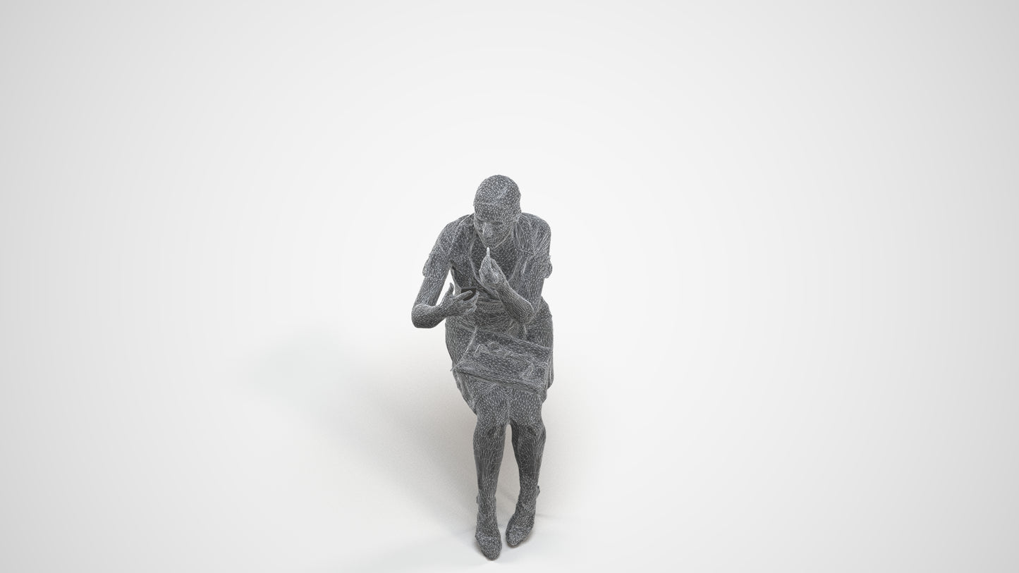 3D human model woman casual sitting, photogrammetry scanned person for archviz, wireframe three-quarter view
