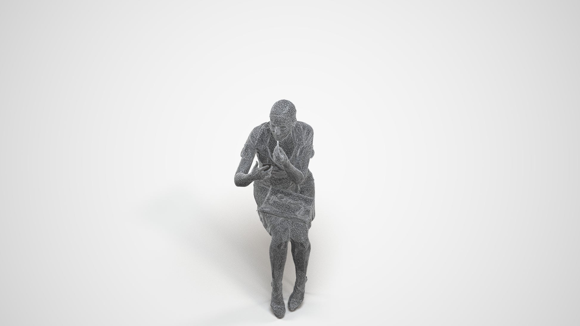 3D human model woman casual sitting, photogrammetry scanned person for archviz, wireframe three-quarter view