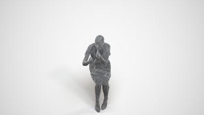 3D human model woman casual sitting, photogrammetry scanned person for archviz, wireframe three-quarter view