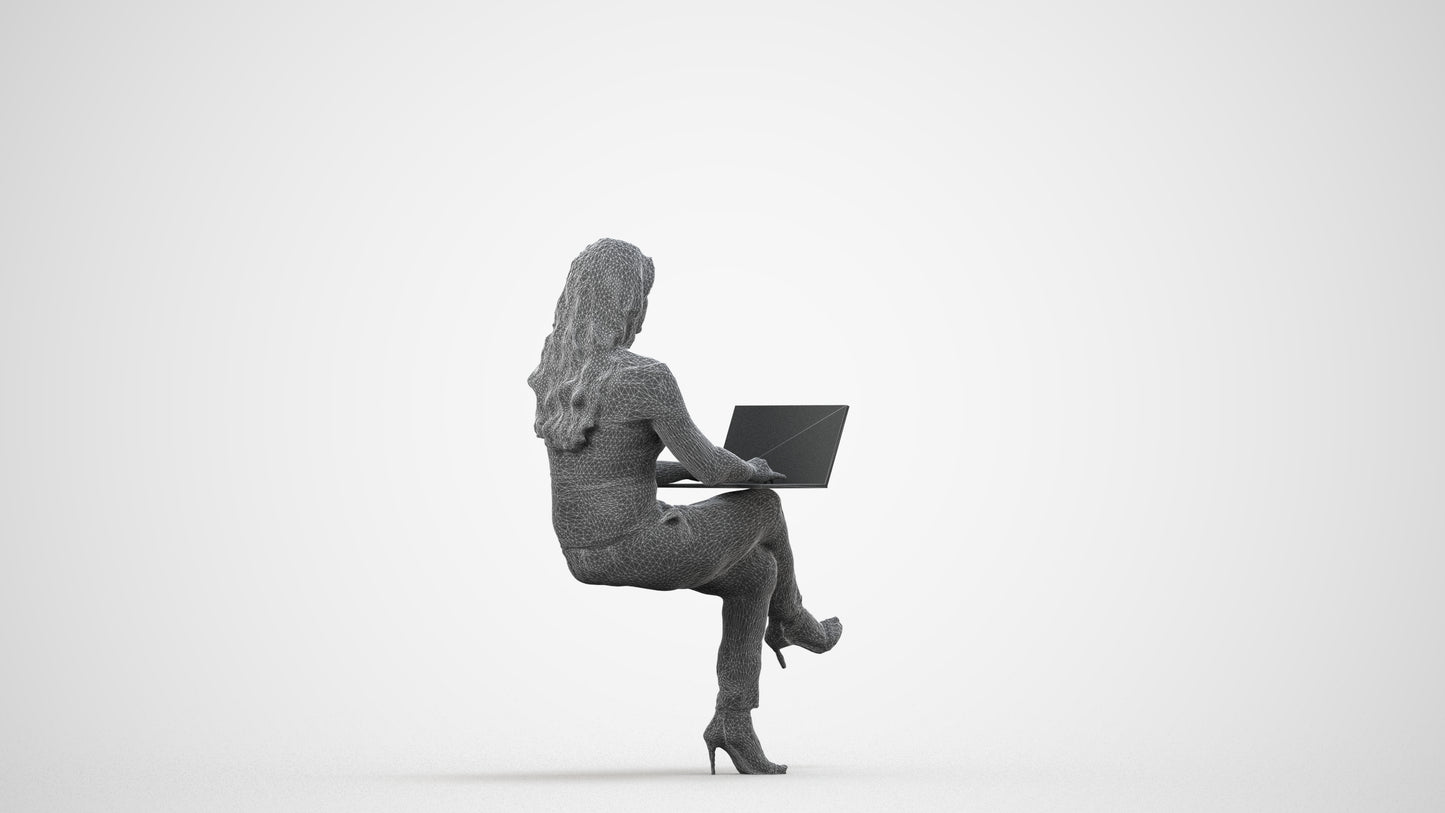 realistic 3D human woman business sitting, archviz people FBX OBJ for Blender, wireframe side view