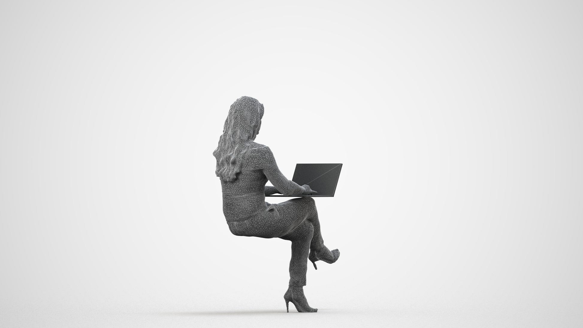 realistic 3D human woman business sitting, archviz people FBX OBJ for Blender, wireframe side view