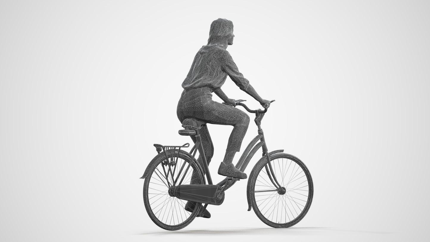 realistic 3D people woman casual cycling, render-ready for V-Ray and Corona, FBX OBJ, wireframe front view