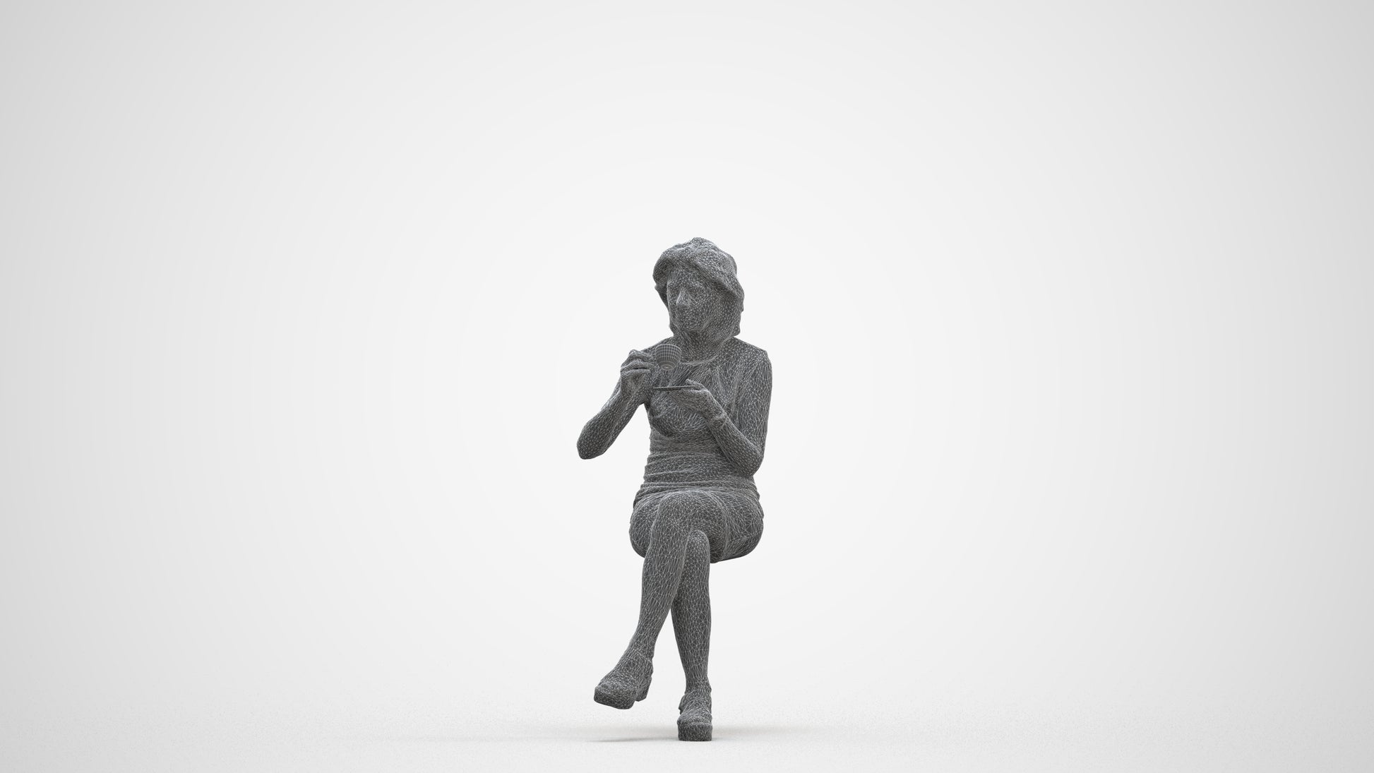 photogrammetry 3D woman business sitting, realistic human model archviz FBX, three-quarter front view render