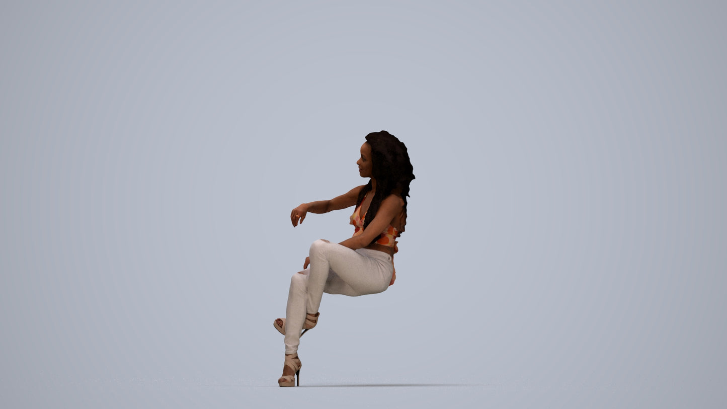 3D people model woman casual sitting, scanned human for 3ds Max rendering, top-down view render