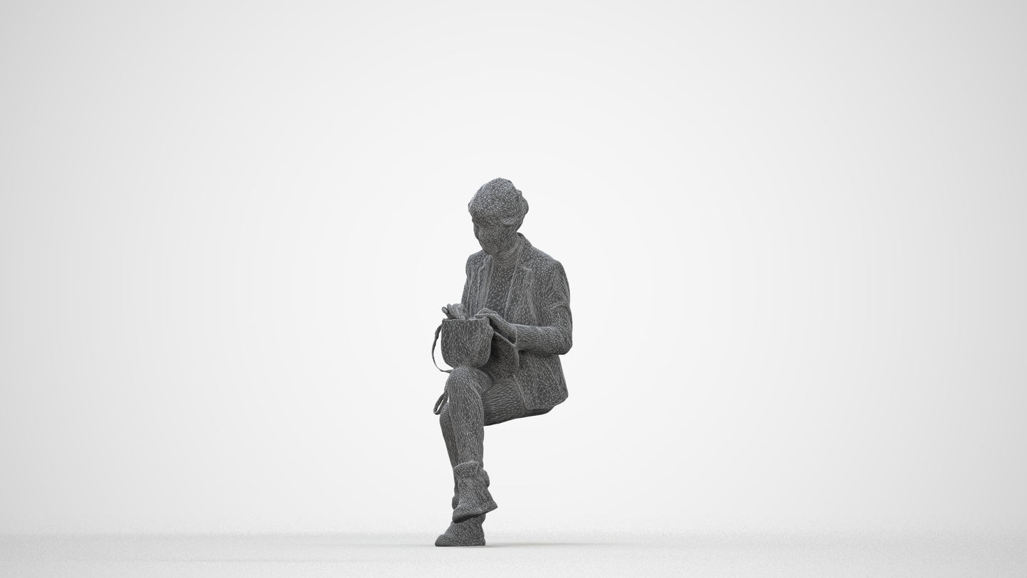 photogrammetry 3D senior woman business sitting, realistic human model archviz FBX, wireframe back view