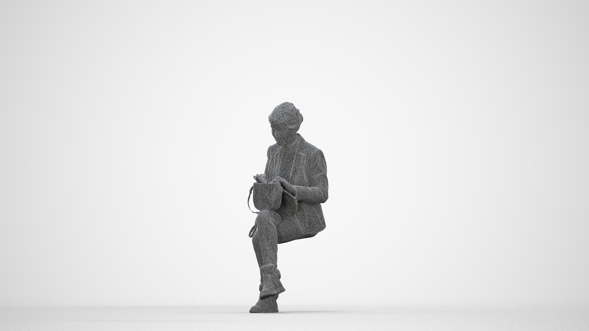 photogrammetry 3D senior woman business sitting, realistic human model archviz FBX, wireframe back view