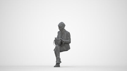 photogrammetry 3D senior woman business sitting, realistic human model archviz FBX, wireframe back view