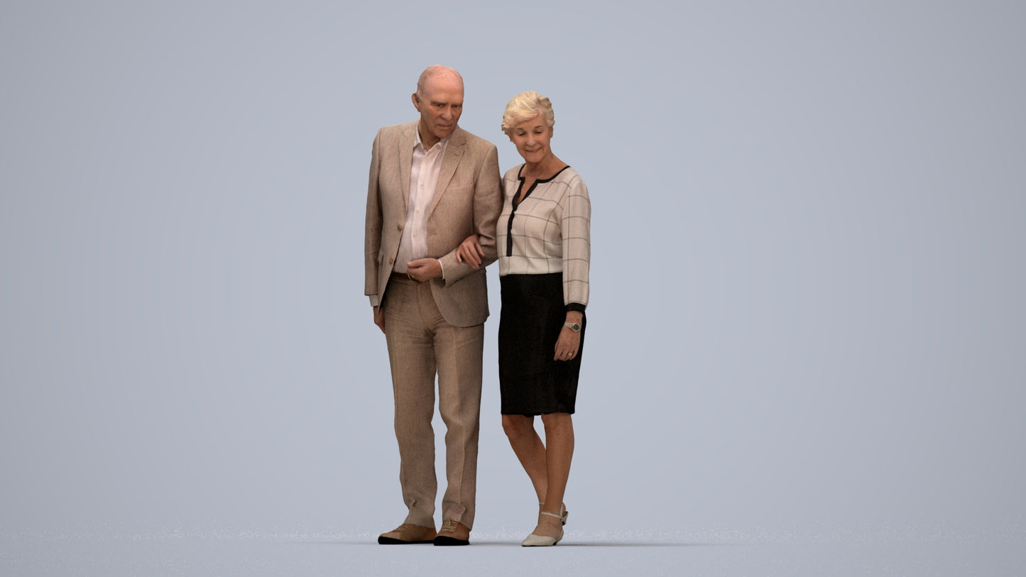 realistic 3D people senior woman business couple, render-ready for V-Ray and Corona, FBX OBJ, top-down view render