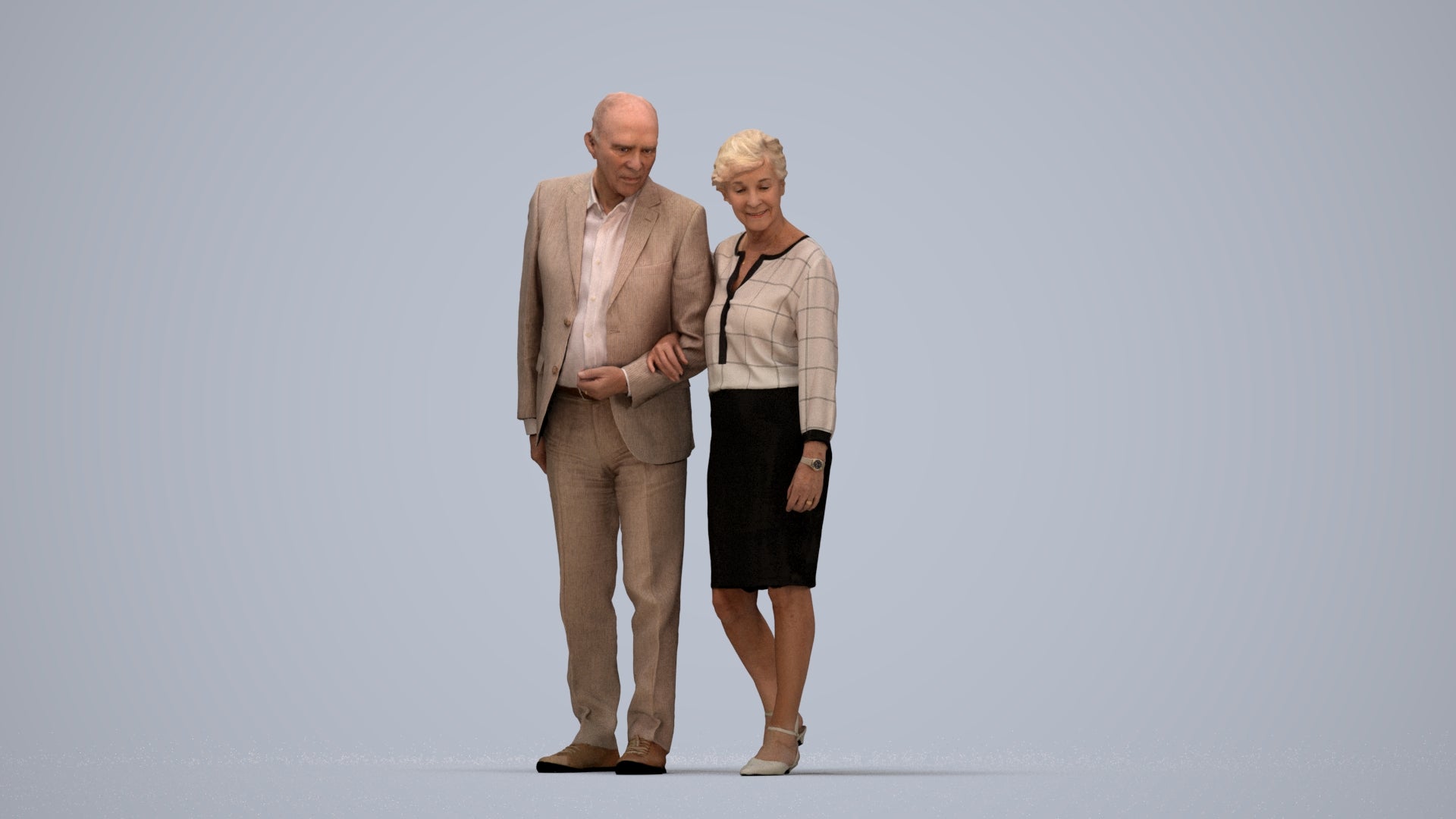 realistic 3D people senior woman business couple, render-ready for V-Ray and Corona, FBX OBJ, top-down view render