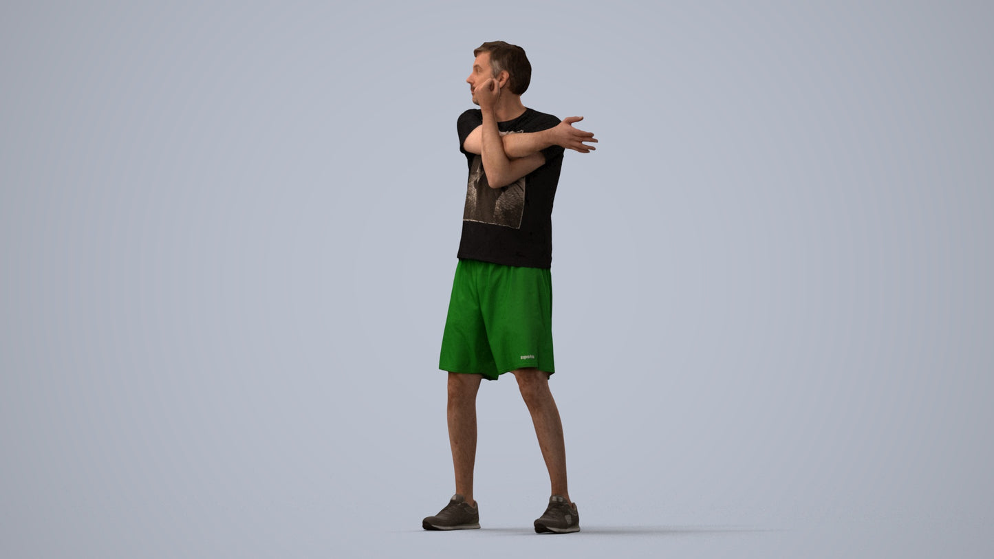 3D human model man sport, photogrammetry scanned person for archviz, three-quarter view render
