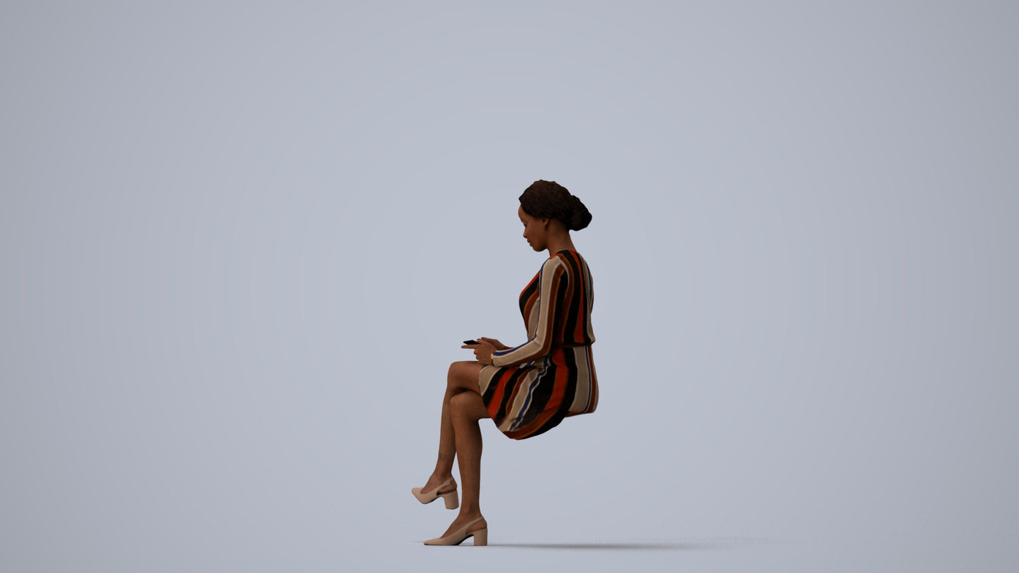 realistic 3D woman casual sitting, scanned archviz people for Blender and 3ds Max, three-quarter view render