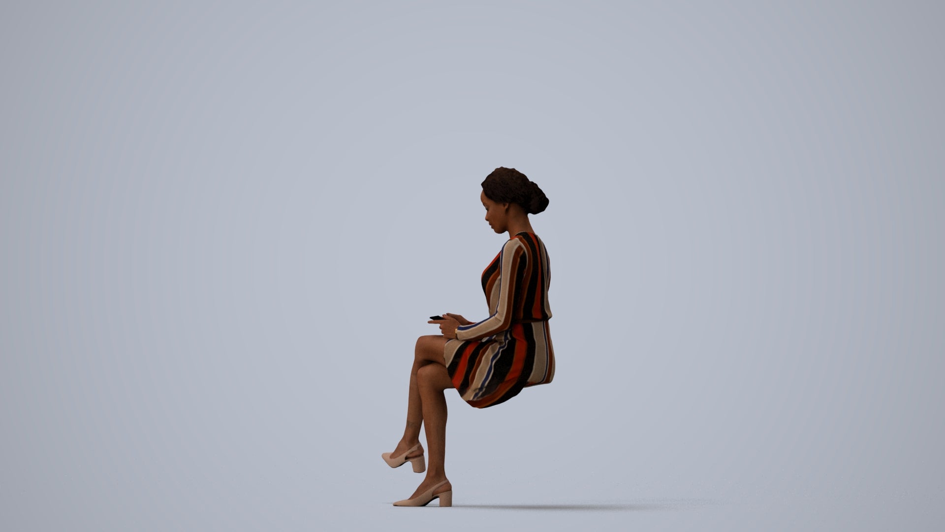 realistic 3D woman casual sitting, scanned archviz people for Blender and 3ds Max, three-quarter view render