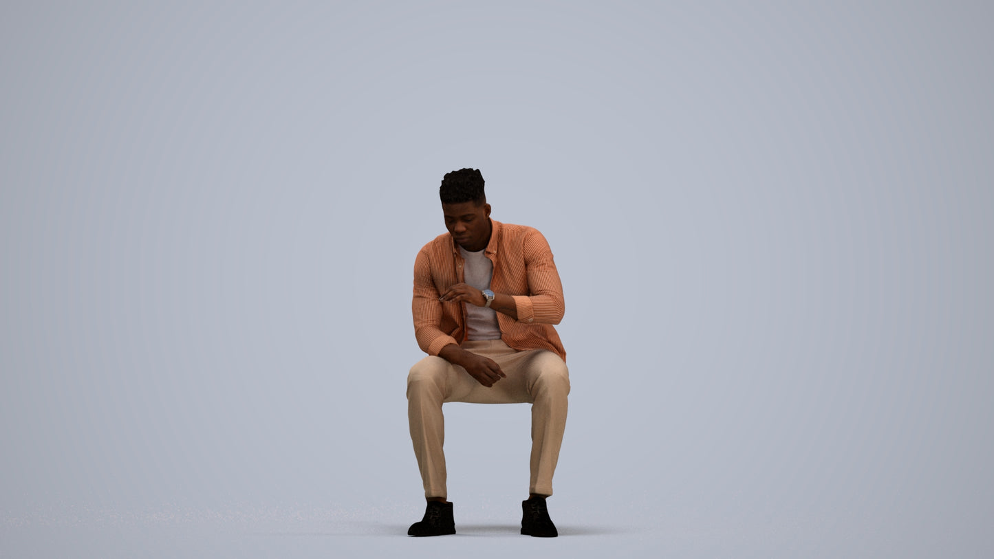 3D human model man casual sitting, photogrammetry scanned person for archviz, standing pose render