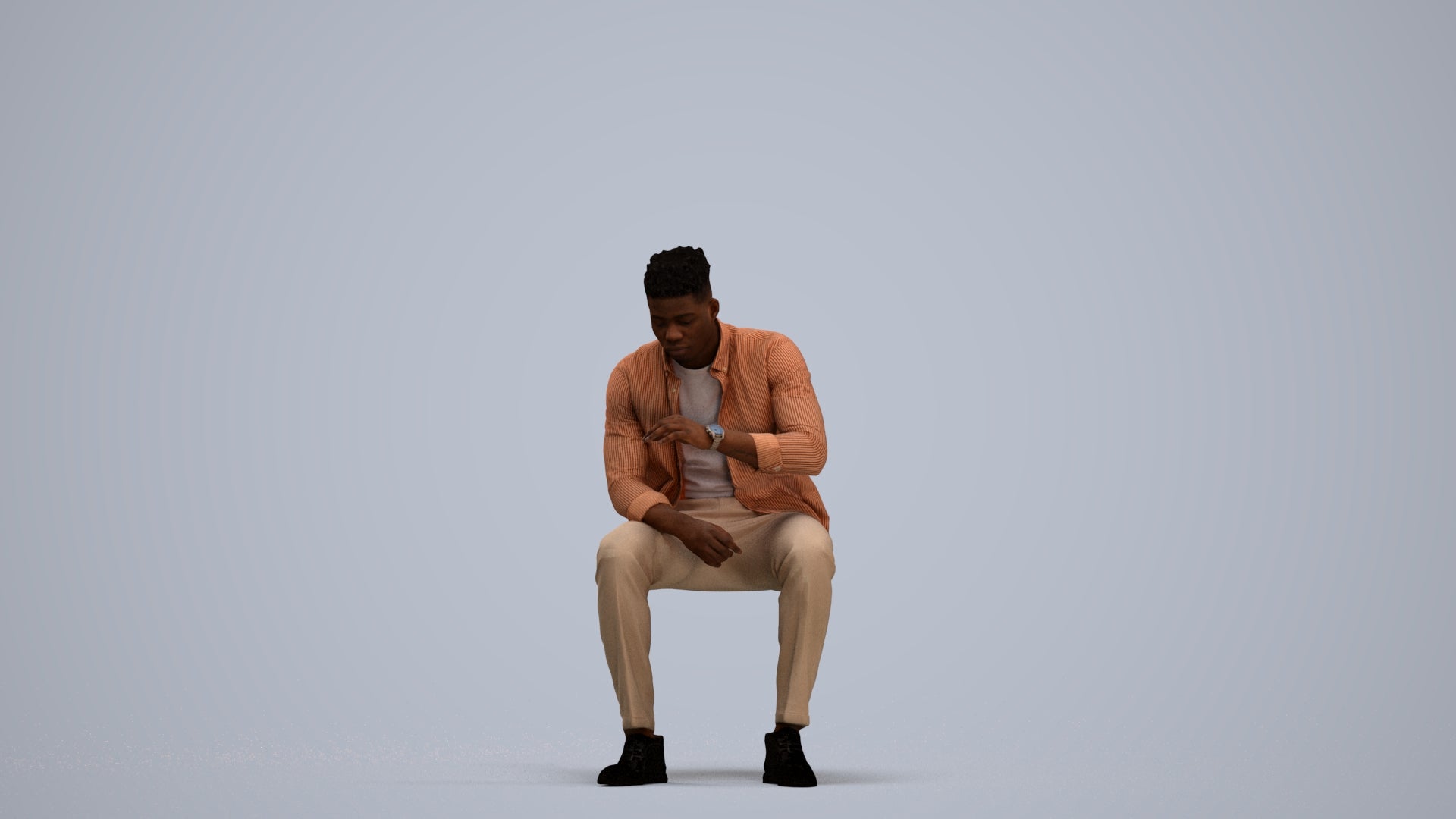 3D human model man casual sitting, photogrammetry scanned person for archviz, standing pose render
