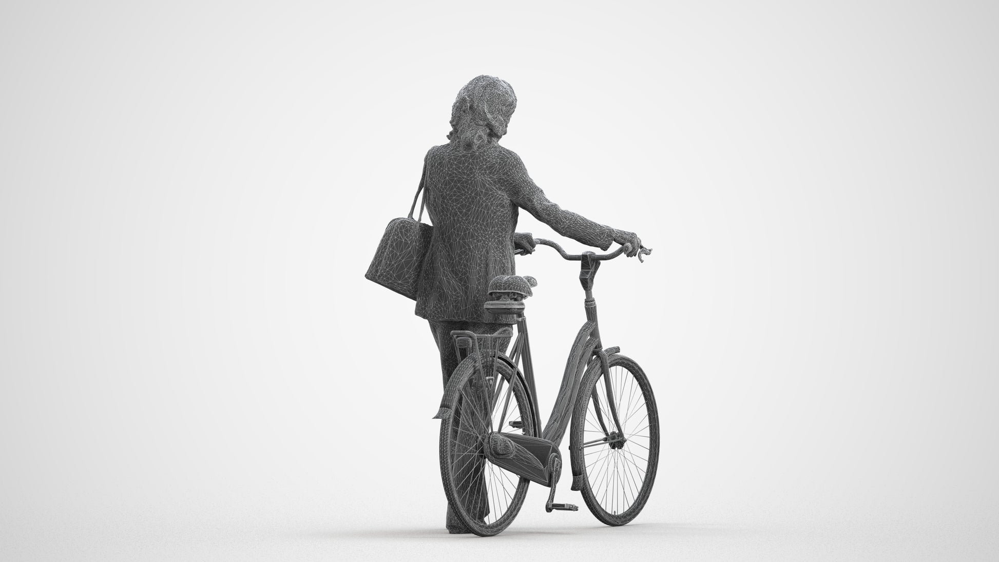 3D scanned senior woman cycling business, photorealistic archviz people for Enscape and SketchUp, wireframe front view