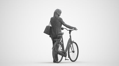 3D scanned senior woman cycling business, photorealistic archviz people for Enscape and SketchUp, wireframe front view
