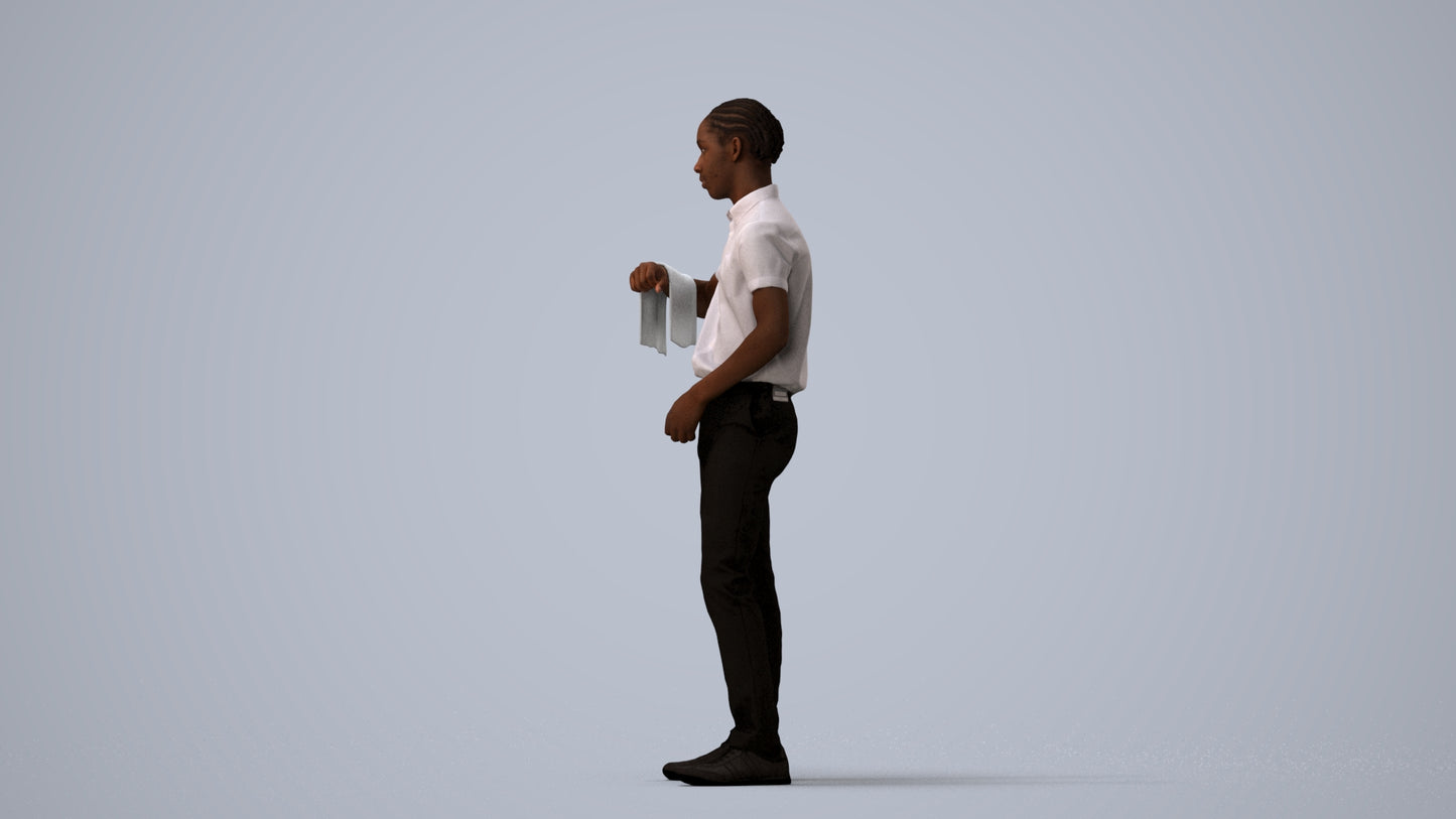 realistic 3D human boy hospitality, archviz people FBX OBJ for Blender, three-quarter view render