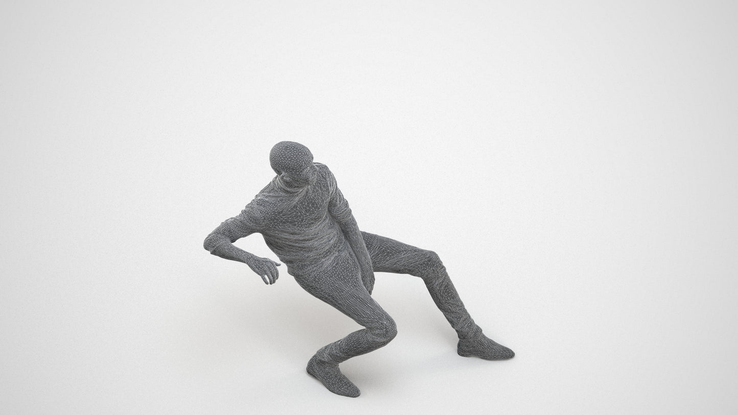 3D human model man casual sitting, photogrammetry scanned person for archviz, wireframe three-quarter view