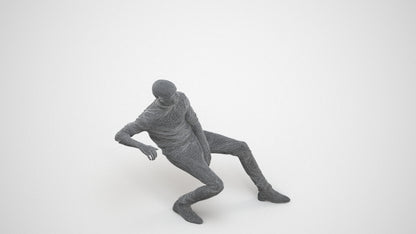 3D human model man casual sitting, photogrammetry scanned person for archviz, wireframe three-quarter view