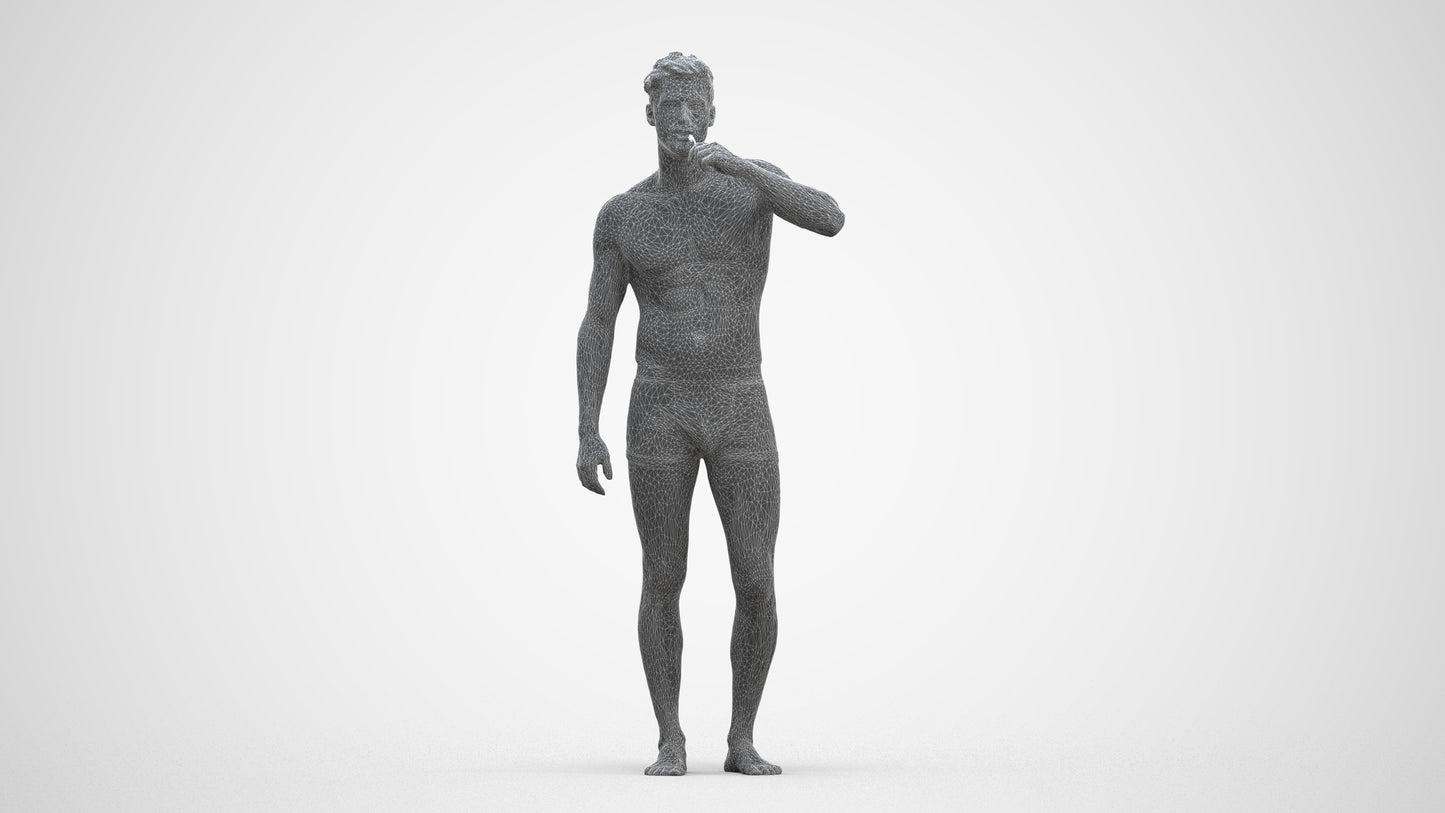 3D human model man bathroom, photogrammetry scanned person for archviz, three-quarter front view render
