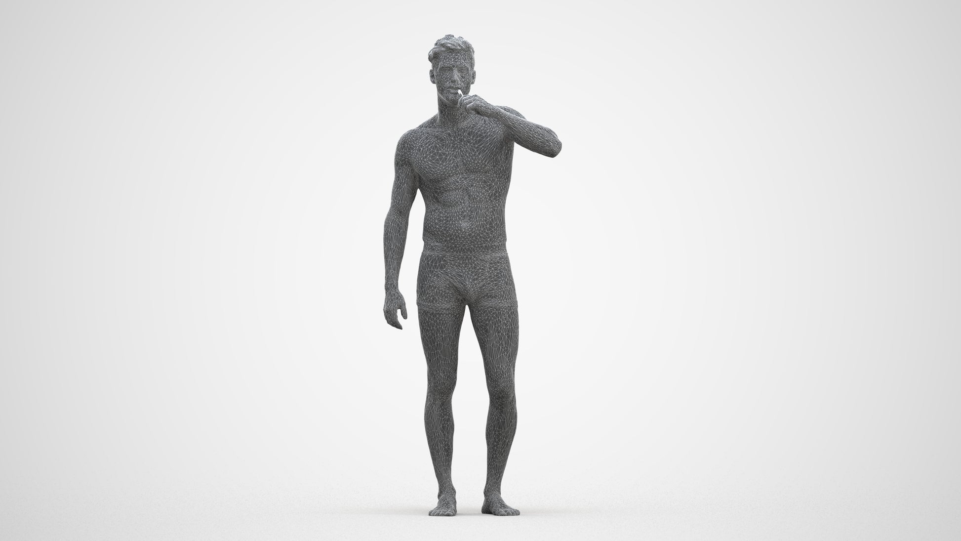 3D human model man bathroom, photogrammetry scanned person for archviz, three-quarter front view render