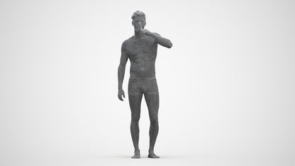 3D human model man bathroom, photogrammetry scanned person for archviz, three-quarter front view render