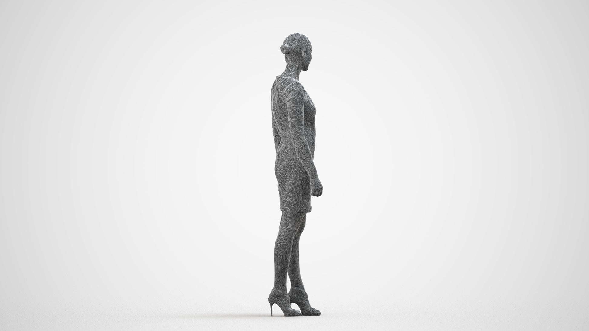 realistic 3D people woman business standing, render-ready for V-Ray and Corona, FBX OBJ, wireframe side view
