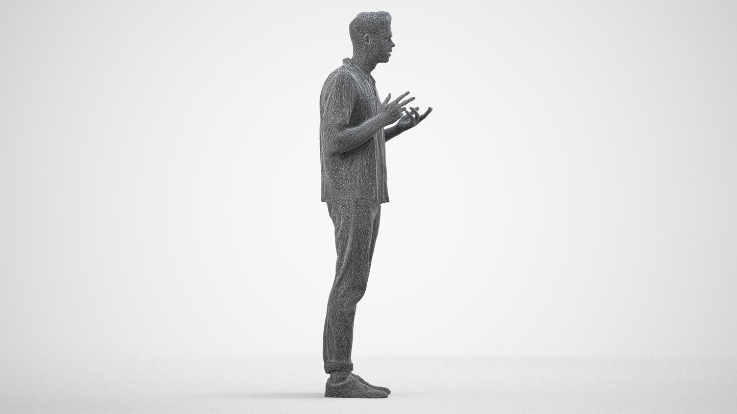 3D people model man casual standing, scanned human for 3ds Max rendering, wireframe side view