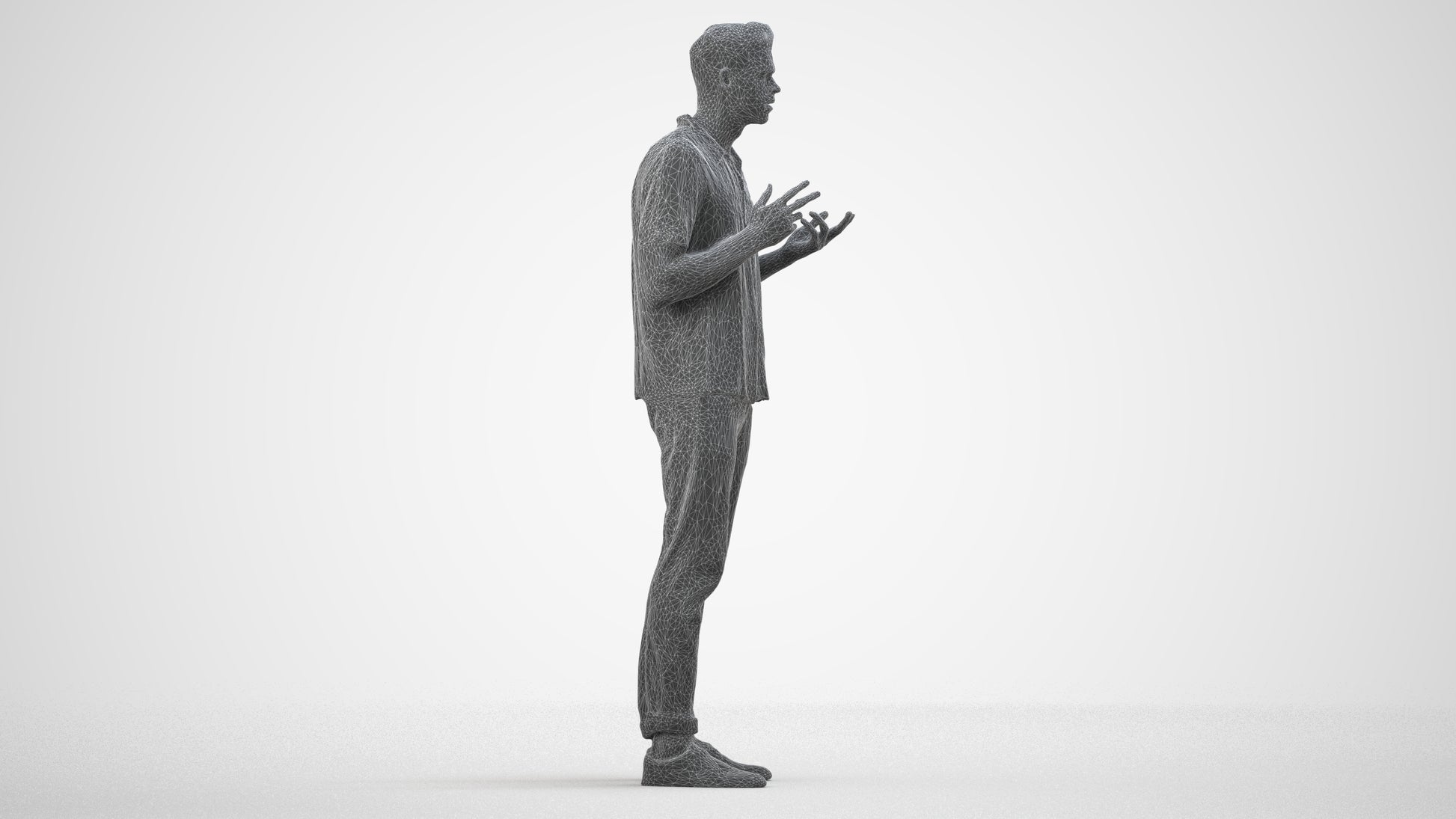 3D people model man casual standing, scanned human for 3ds Max rendering, wireframe side view
