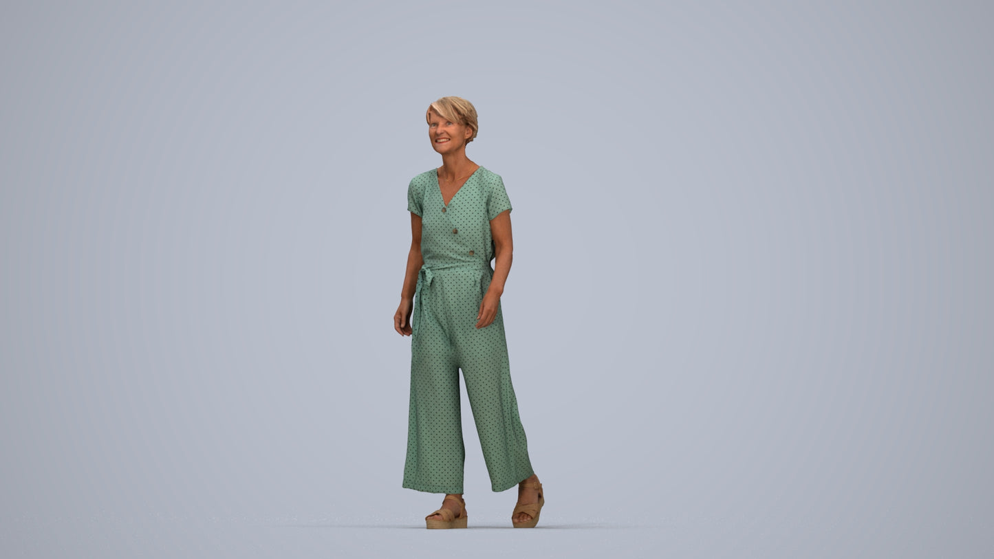3D human model senior woman casual walking, photogrammetry scanned person for archviz, top-down view render