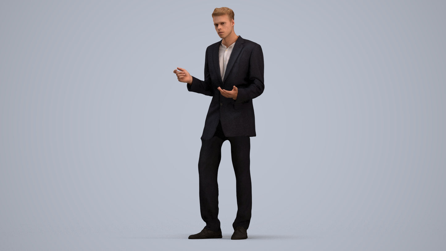 3D human model man business, photogrammetry scanned person for archviz, standing pose render