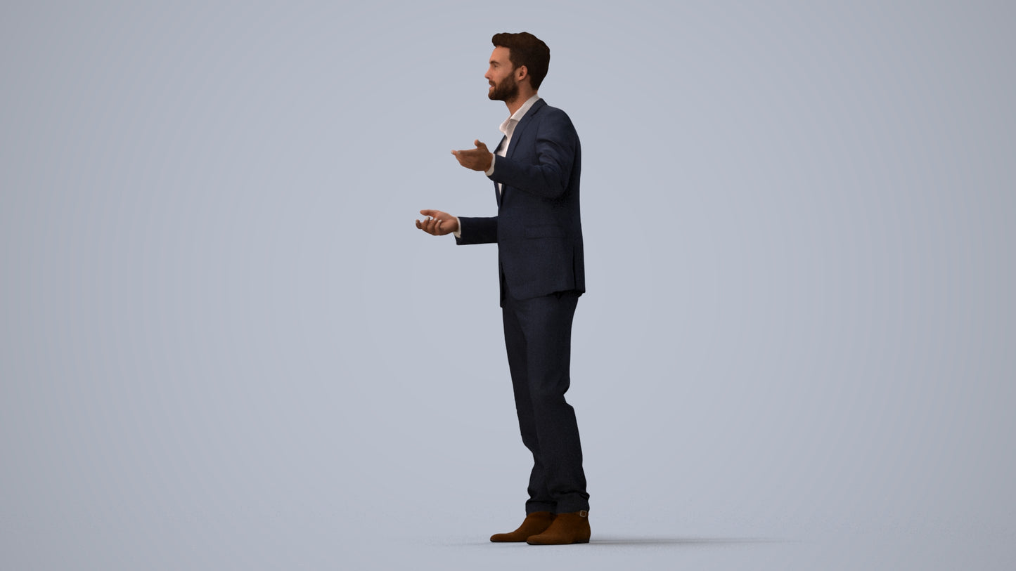 3D human model man business, photogrammetry scanned person for archviz, three-quarter view render