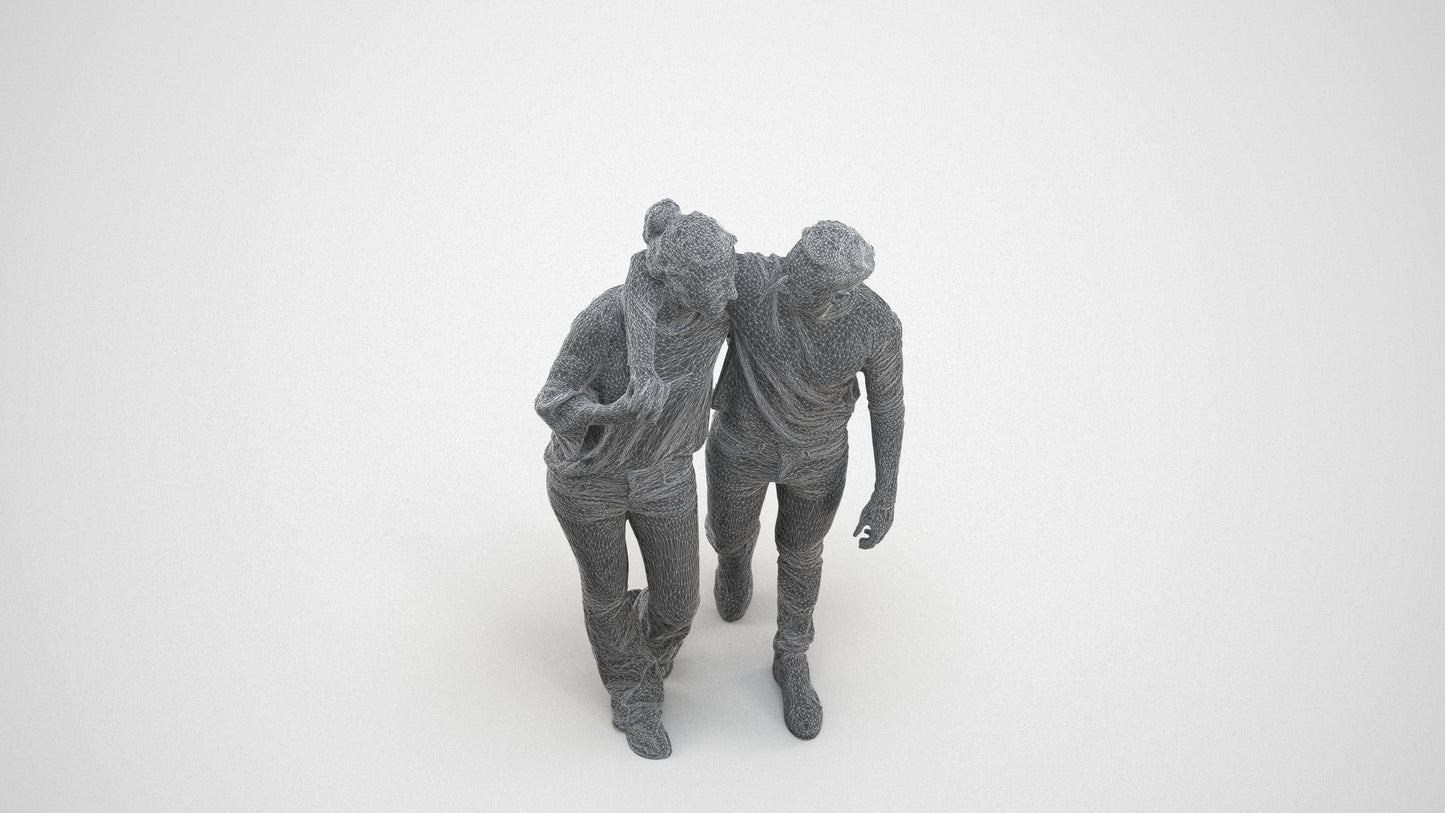 scanned 3D woman casual couple, photogrammetry people for Enscape and V-Ray, wireframe three-quarter view