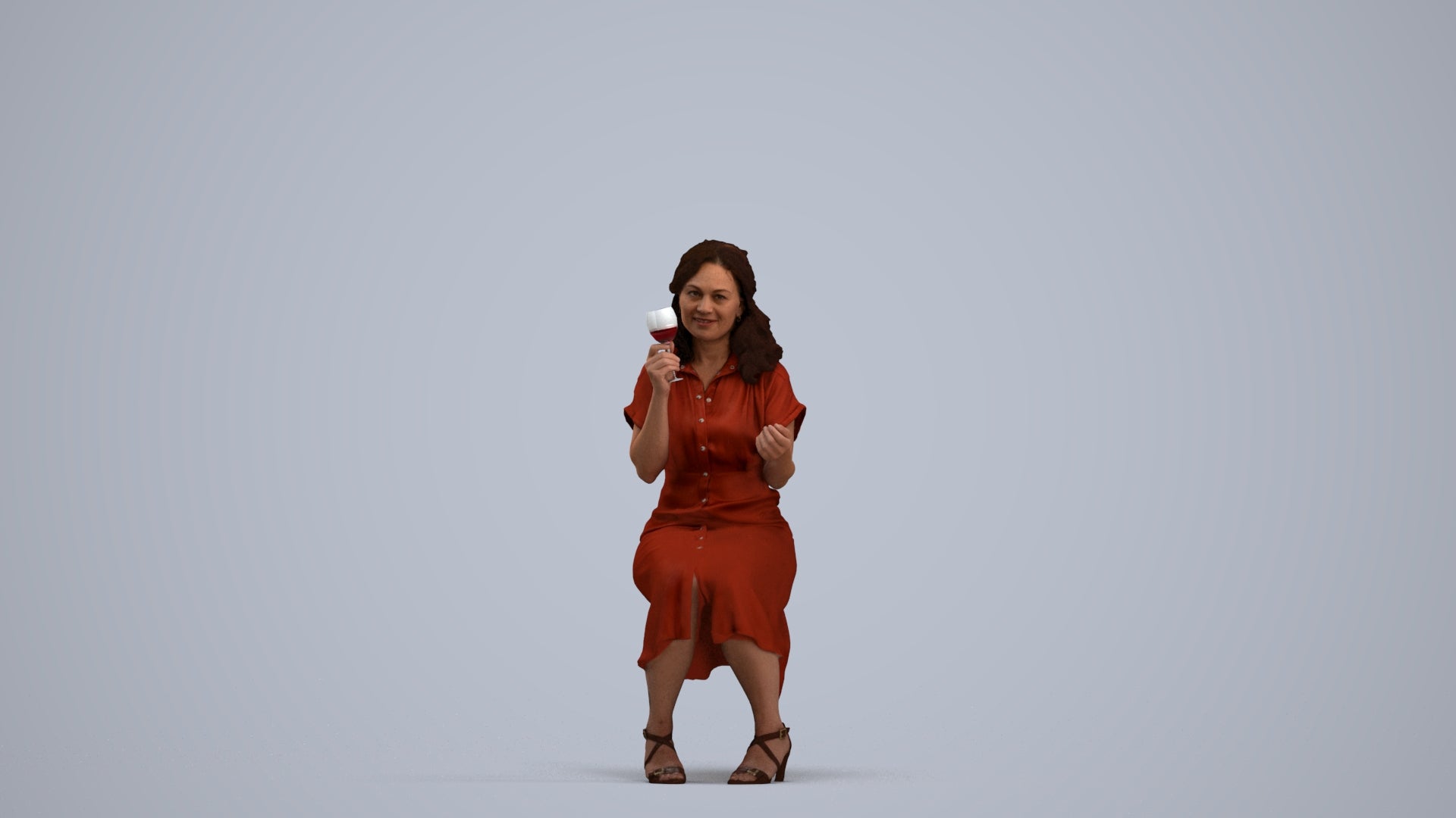 3D human model woman casual sitting, photogrammetry scanned person for archviz, standing pose render