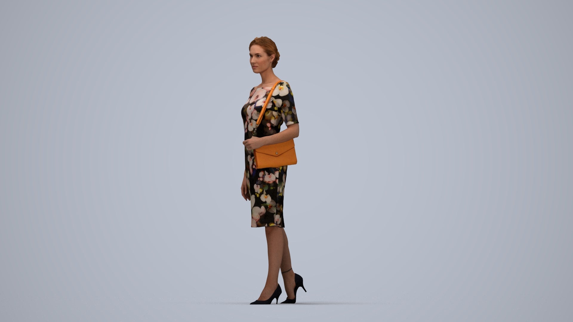 realistic 3D woman casual walking, scanned archviz people for Blender and 3ds Max, top-down view render