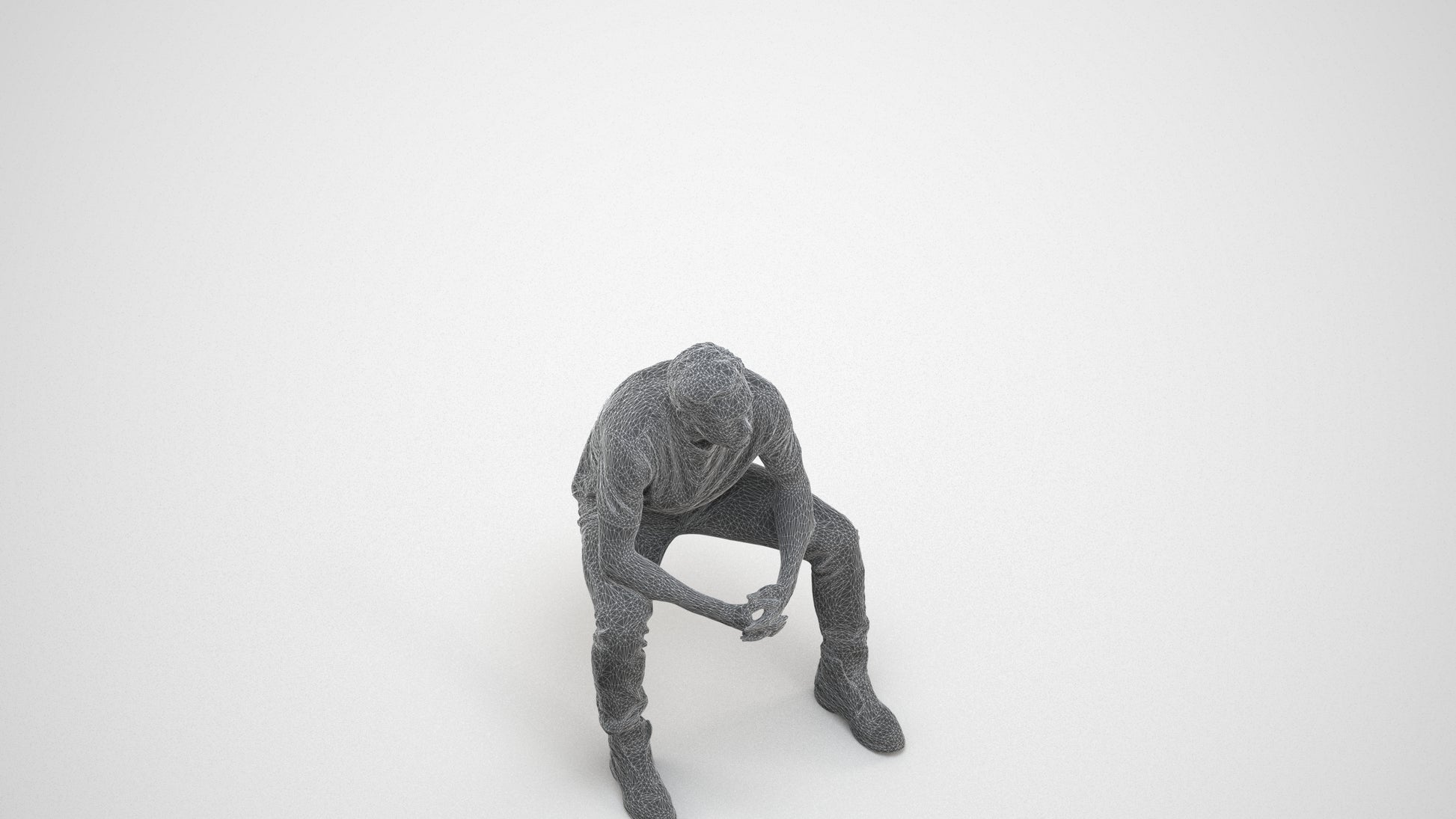 scanned 3D man casual sitting, photogrammetry people for Enscape and V-Ray, wireframe three-quarter view
