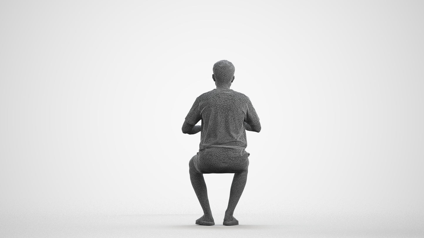 3D human model man casual sitting, photogrammetry scanned person for archviz, wireframe front view