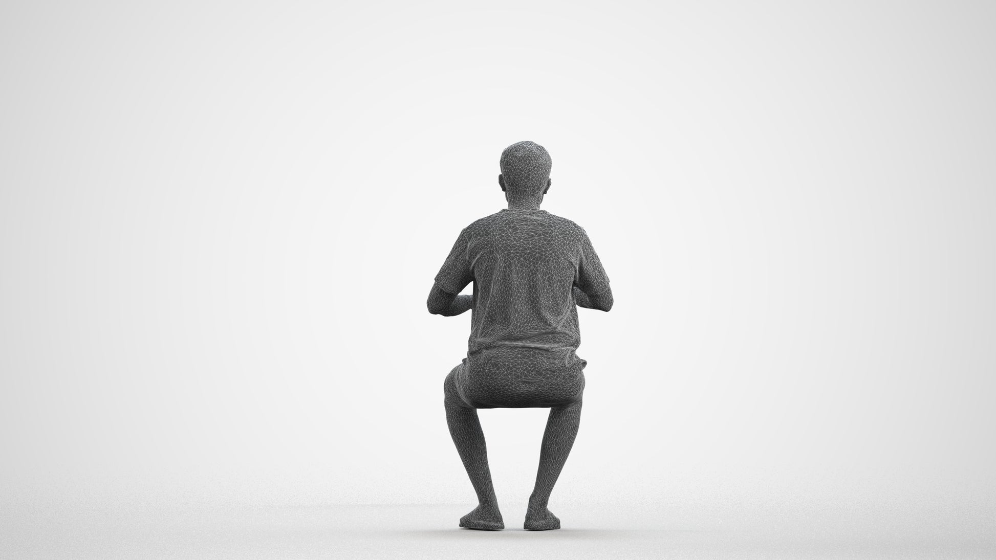 3D human model man casual sitting, photogrammetry scanned person for archviz, wireframe front view