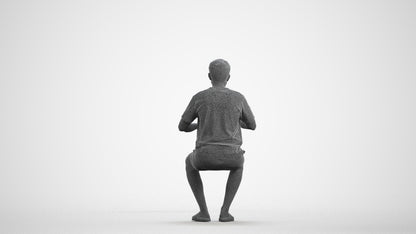 3D human model man casual sitting, photogrammetry scanned person for archviz, wireframe front view