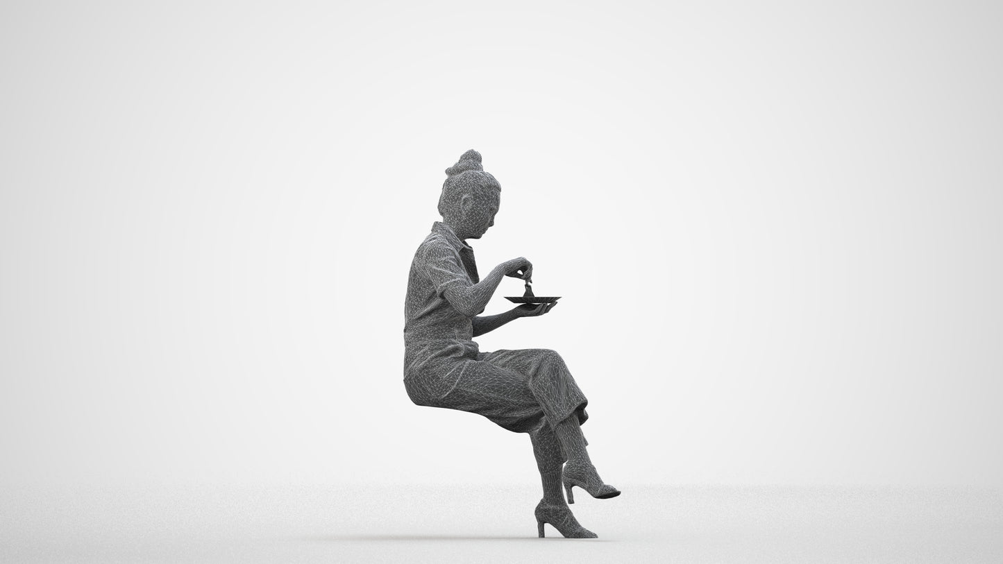 photogrammetry 3D woman formal sitting, realistic human model archviz FBX, wireframe side view