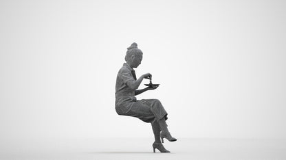 photogrammetry 3D woman formal sitting, realistic human model archviz FBX, wireframe side view