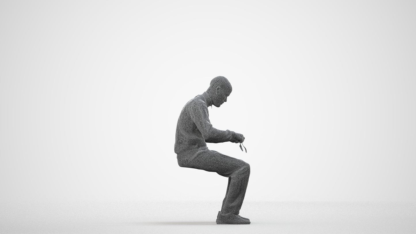3D human model man casual sitting, photogrammetry scanned person for archviz, wireframe side view